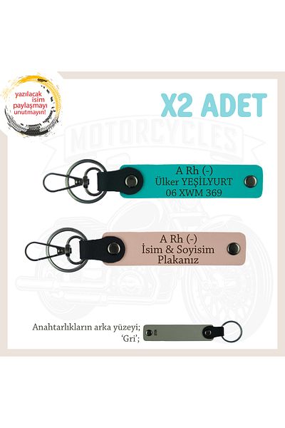 miawiki X2 Keychain, Yavruağzı-K Turquoise-Gr, Custom Name Plate for Biker Passengers a Rh (-) Blood Group Written