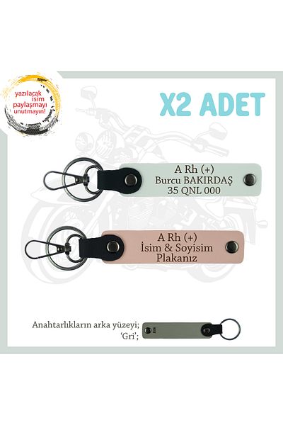 miawiki Leather X2' Keychain, Puppy-Beyaz-Gr, Men's Motorcycle Gift, Name Plate and a Rh (+) Blood Group