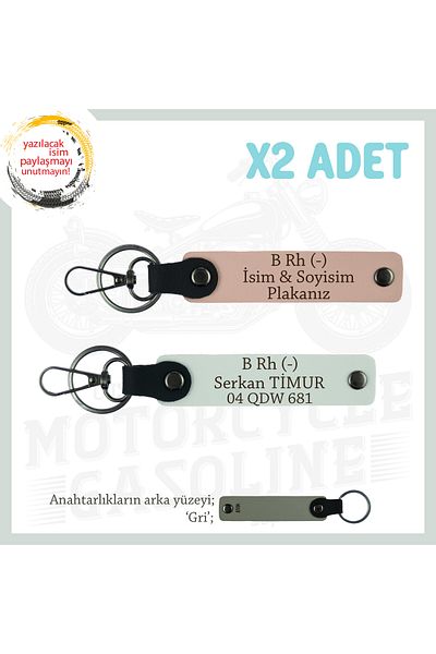 miawiki Leather X2' Keychain, Yavruağzı-White-Gr, Men's Motorcycle Gift, Name Plate and B Rh (-) Blood Group