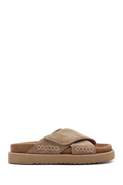 Derimod Women's Tan Banded Thick Soled Suede Leather Slippers 25Sfd405210
