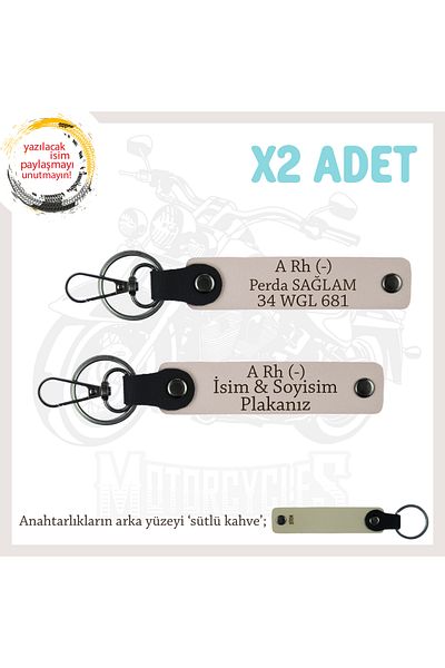 miawiki Name Plate and a Rh (-) Blood Group Written Leather X2 Keychain Set, Powder-Sk, Motorcycle Adventurers
