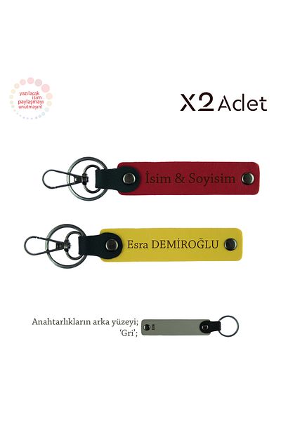 Miaju Stylish Surprise for Relatives, Set of 2 Keychains with Name and Surname Engraved, Red-Yellow-Grey