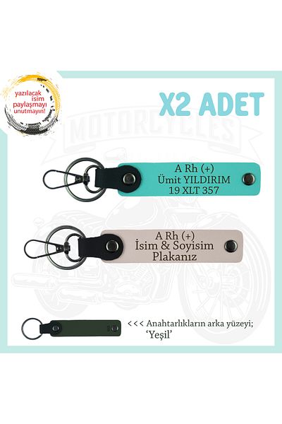 miawiki Leather X2 Keychain, Powder-Turquoise-Ysl, Custom Name Plate for Biker Passengers a Rh (+) Blood Group Written