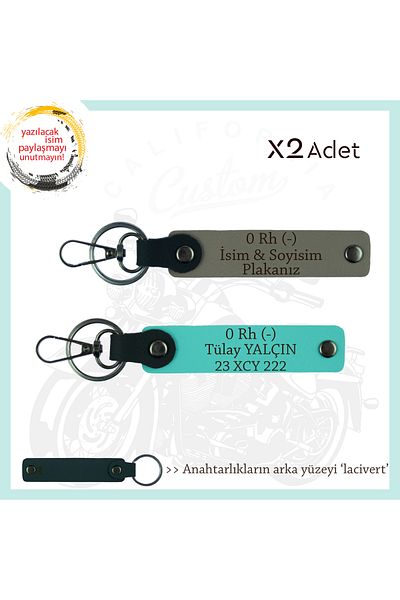 miawiki 2-Piece Gift Keychain with Name Plate and 0 Rh (-) Blood Type Written, Ash Gray-Turquoise-Navy, Biker Style