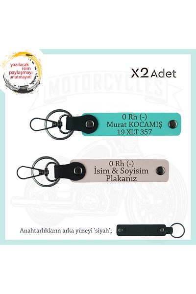 miawiki Leather X2 Keychain, Powder-Turquoise-Syh, Custom Name Plate for Biker Passengers 0 Rh (-) Blood Group Written