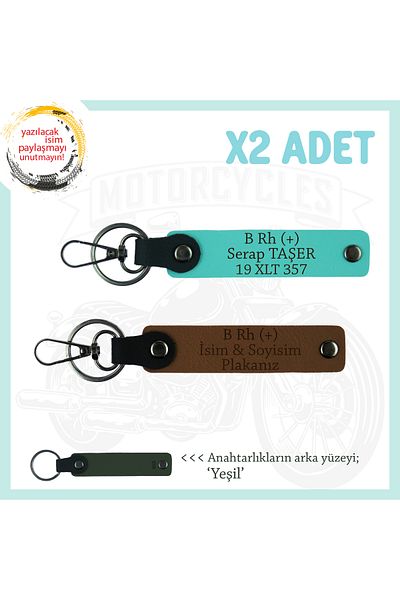 Miaju Gift for the Motorcycler, Personalized X2 Keychain with Name Plate and B Rh (+) Lettering, Coffee-Turquoise-Ysl