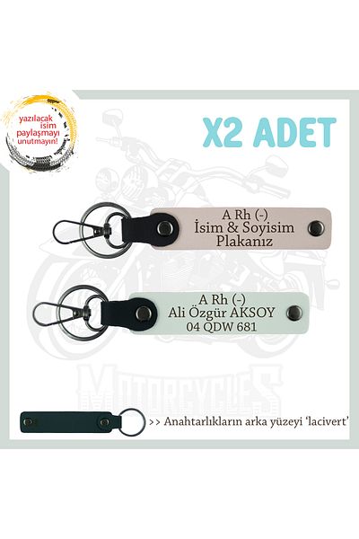 miawiki Leather 2-Key Chain, Powder-White-Laci, Special Name Plate for Motorcyclists and a Rh (-) Blood Group Written