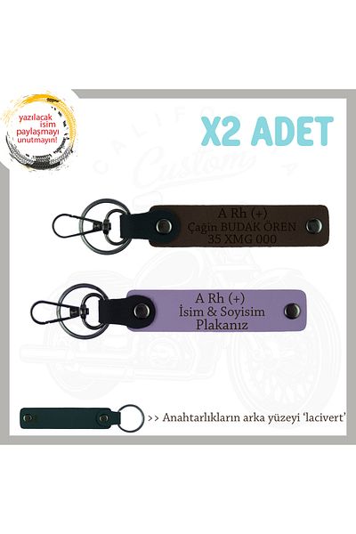 Miaju Set of 2 Keychains with Nameplate and a Rh (+) Blood Group Lettering for Biker Friends, Purple-K Brown-Navy