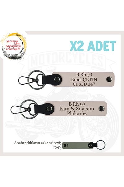 miawiki Set, Powder-Gr, Leather X2 Keychain with Name Plate and B Rh (-) Blood Group Written for Motorcycle Adventurers