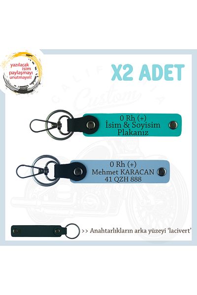 miawiki Personalized X2 Keychain, K Turquoise-Blue-Navy, with Name Plate for Drivers and 0 Rh (+) Blood Group Written