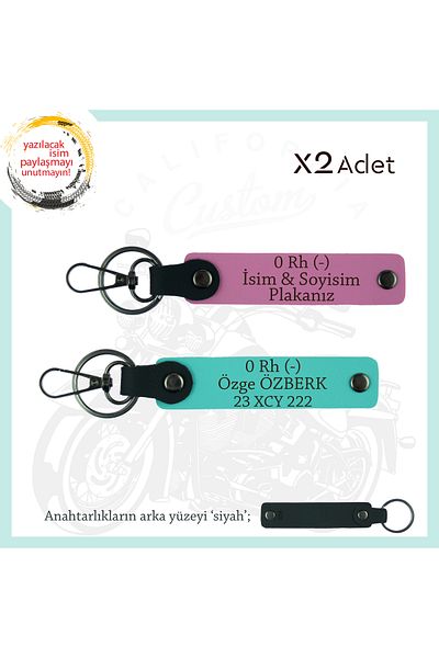 miawiki 2 Keychains, Pink-Turquoise-Syh, for Motorcycle Courier, with Name Plate and 0 Rh (-) Blood Group Written