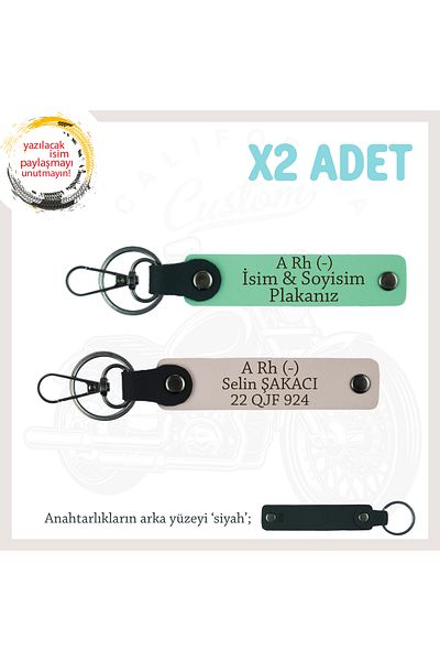 miawiki Gift X2 Keychain Set, Green-Powder-Syh, Biker Style Special, Name Plate and a Rh (-) Blood Group