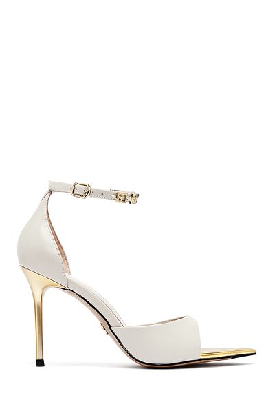Derimod Women's Cream Ankle Buckle Thin Heeled Leather Sandals
