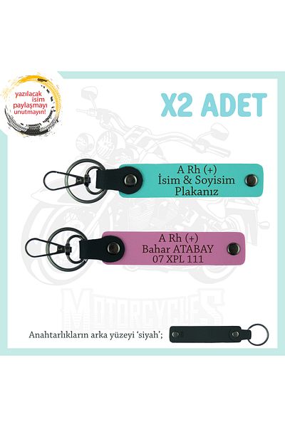 miawiki 2 Keychains, Pink-Turquoise-Syh, for Motorcycle Courier, with Name Plate and a Rh (+) Blood Group Written