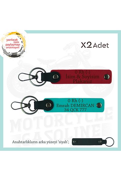 miawiki Name Plate and 0 Rh (-) Blood Group Written X2 Keychain, Red-K Turquoise-Syh, Biker Style Special