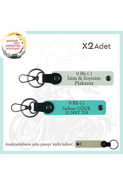 miawiki Gift, White-Turquoise-Sk, Special Design X2 Keychain with Name Plate and 0 Rh (-) Written for Motor Lovers