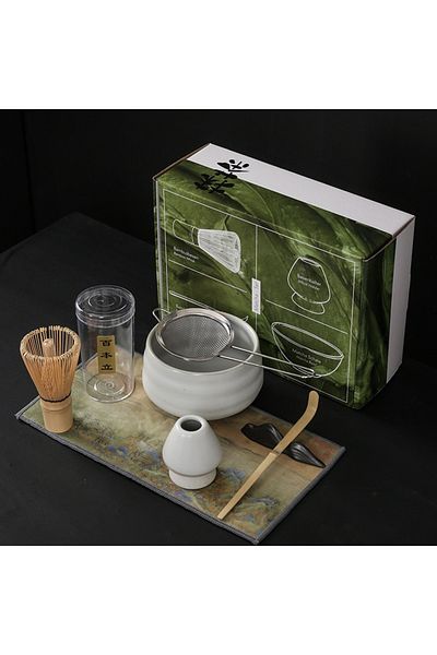 COOYA 7-Piece Tea Set with Ceramic Bowl,Strainer,Traditional Spoon,Bamboo Matcha Whisk and Stand,White