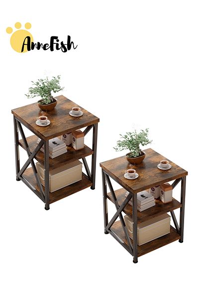 AnneFish 40*40*50cm Coffee Table Classic Distressed Coffee Side Table With 3-tier For Living Room Side Table