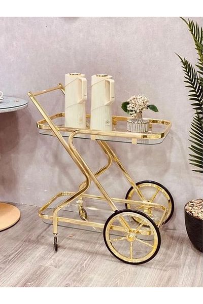 private house Taiwanese gold steel glass tea cart