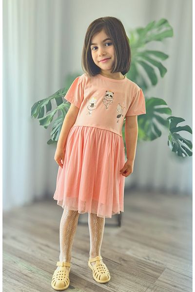 BALKABAĞI Ballerinas Girl Tulle Salmon Pink Cotton Combed Dress Mtyk0056