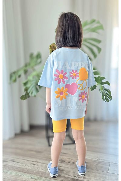 BALKABAĞI Tricou albastru cu imprimeu cu flori, galben soare, jambiere motociclist, costum de vară pentru fete MTYK0057