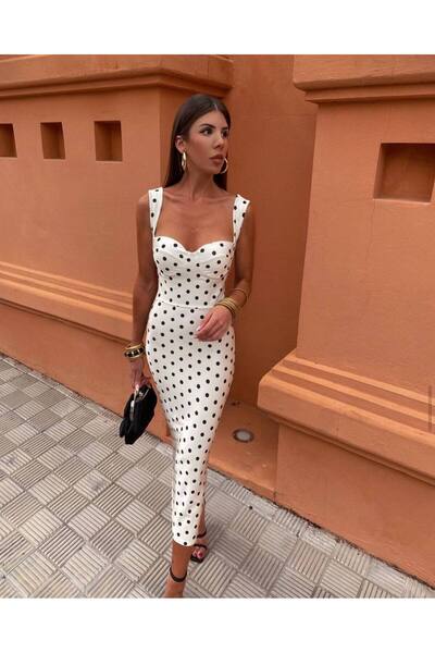 Genel Markalar Saten Görünümlü Puantiyeli Askılı Kalem Elbise