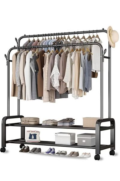 Generic Metal Clothes Hanger Organizer and Black Clothes Stand with Wheels 110x55x150 cm