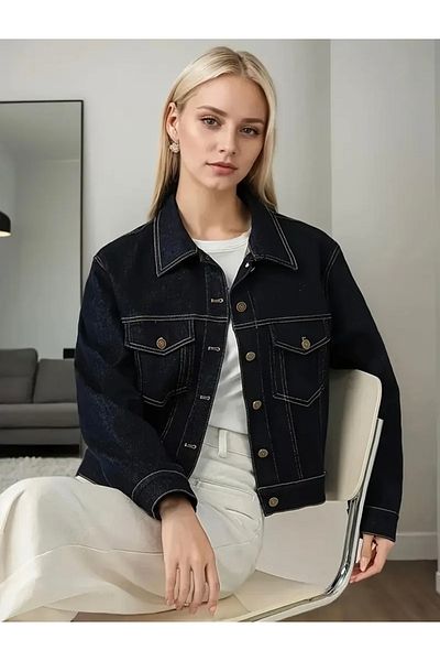 Ekim Store سترة الدنيم Boyfriend باللون الأزرق الداكن
