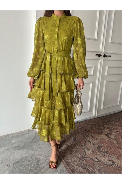 Ekim Store Fistolu Dantelli Kat Kat Uzun Elbise