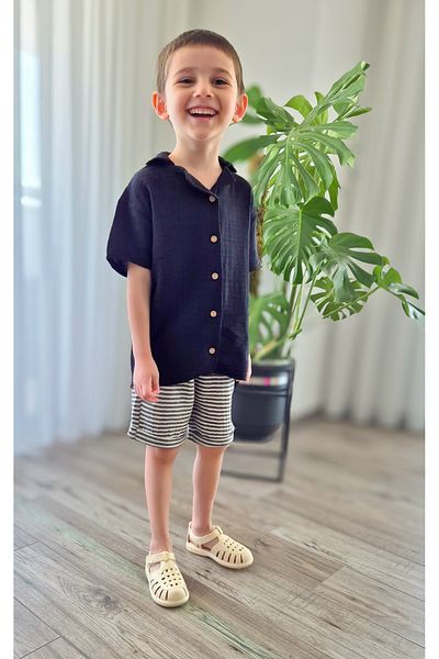 My Baby's World Black Loose Shirt Striped Shorts Boy's Sile Cloth Muslin Suit Mtye0085