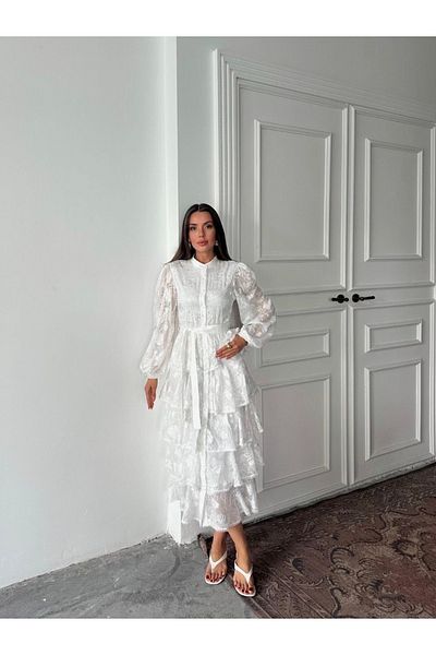 Ekim Store Rochie lungă în straturi din dantelă festonată