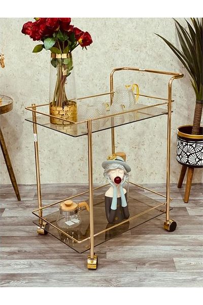 private house Taiwanese steel glass tea trolley, rose color