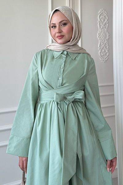 InStyle Wide Sleeve Tie Detail Poplin Mint Green Dress