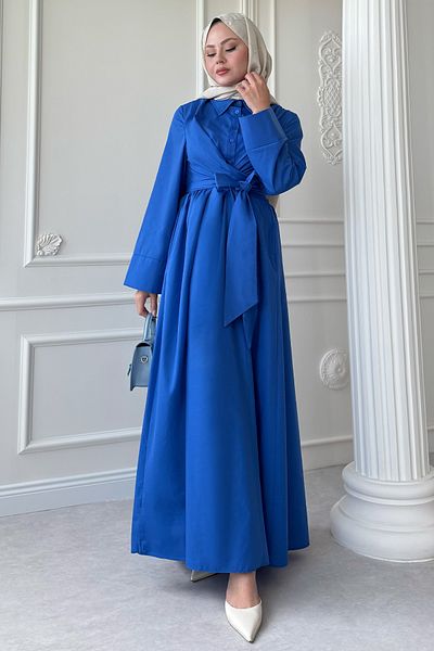 InStyle Wide Sleeve Binding Detail Poplin Saks Blue Dress