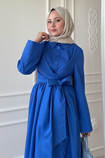 InStyle Geniş Kol Bağlama Detay Poplin Saks Mavisi Elbise