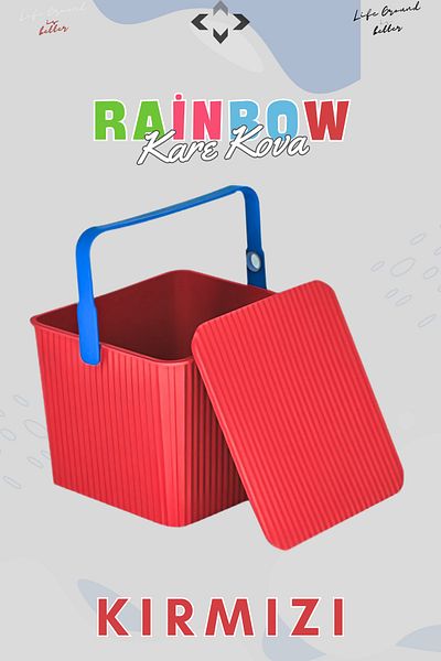 LİGROUND Rainbow Square Lid Picnic Basket Organizer with Handle 1 Piece Square Bucket Picnic Bag Basket