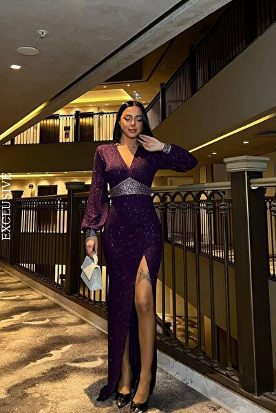 DÖPİYES Sim Detaylı Derin Yırtmaçlı Uzun Abiye Elbise