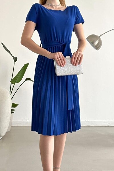 lovebox Сакс Синя Еластична Крепова Тканина Плісирована Дизайн Пояс Деталі Короткі Рукави Міді Вечірня Сукня 120
