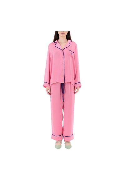 DreamyHush Women's Pink Pajama Set With Navy Piping, Long Sleeve Button-down Top And Pants, Classic