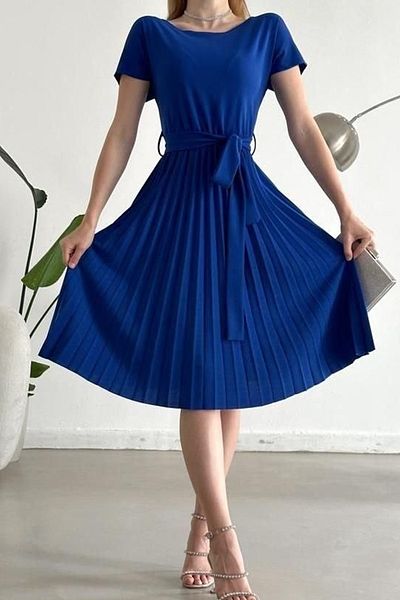 WOMAN VISION Women's Blue Low Sleeve Belted Pleated Midi Dress Stylish Casual Model 120