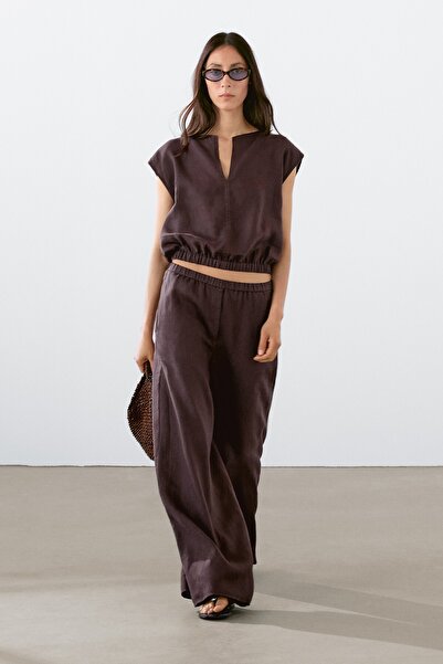 Massimo Dutti Elastik kenarlı keten bluz