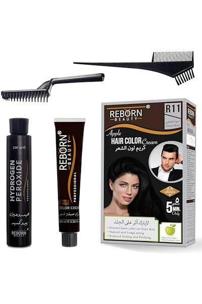 REBORN Beauty Hair Coloring Cream - Does Not Leave Color on Skin - 100ml + Natural Black Developer R