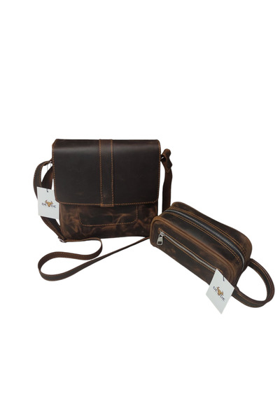 DEDE ERKEK EL VE POSTACI ÇANTASI İKİLİ SET HAKİKİ CRAZY DERİ