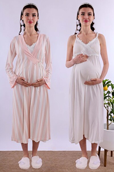 ByLohusa Effortt Pudra/ekru Sabahlıklı Hamile Lohusa Gecelik Takım