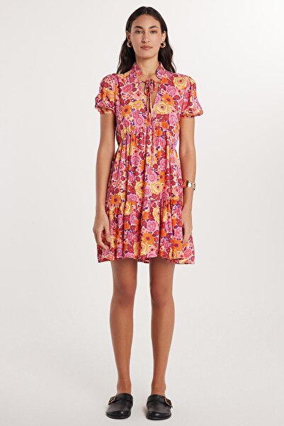 Tudors Kadın Relax Fit Bağlama Detaylı V Yaka Yazlık Baskılı Elbise