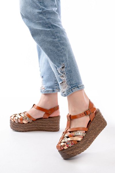 serkanseyyid 684-02 Taba Garni Orthopedic Genuine Leather Padding Women's Sandals