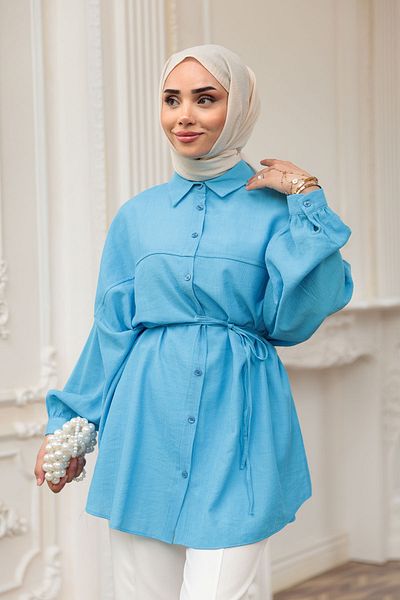 LOCCO Cămașă oversize cu nervuri de damă, albastră