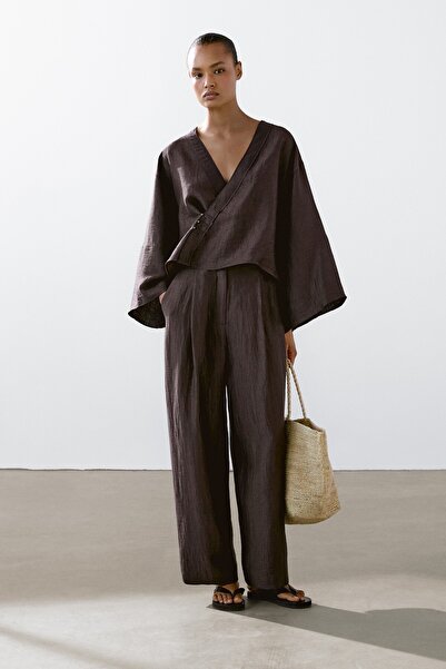 Massimo Dutti Keten karışımlı kruvaze kimono