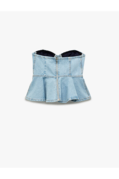 Koton Kalp Yaka Volanlı Kolsuz Pamuklu Dar Kesim Denim Bluz