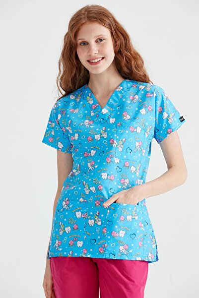 Moodamedikal Unisex Mavi Diş Desenli Tek Üst Terikoton İnce Kumaş Forma